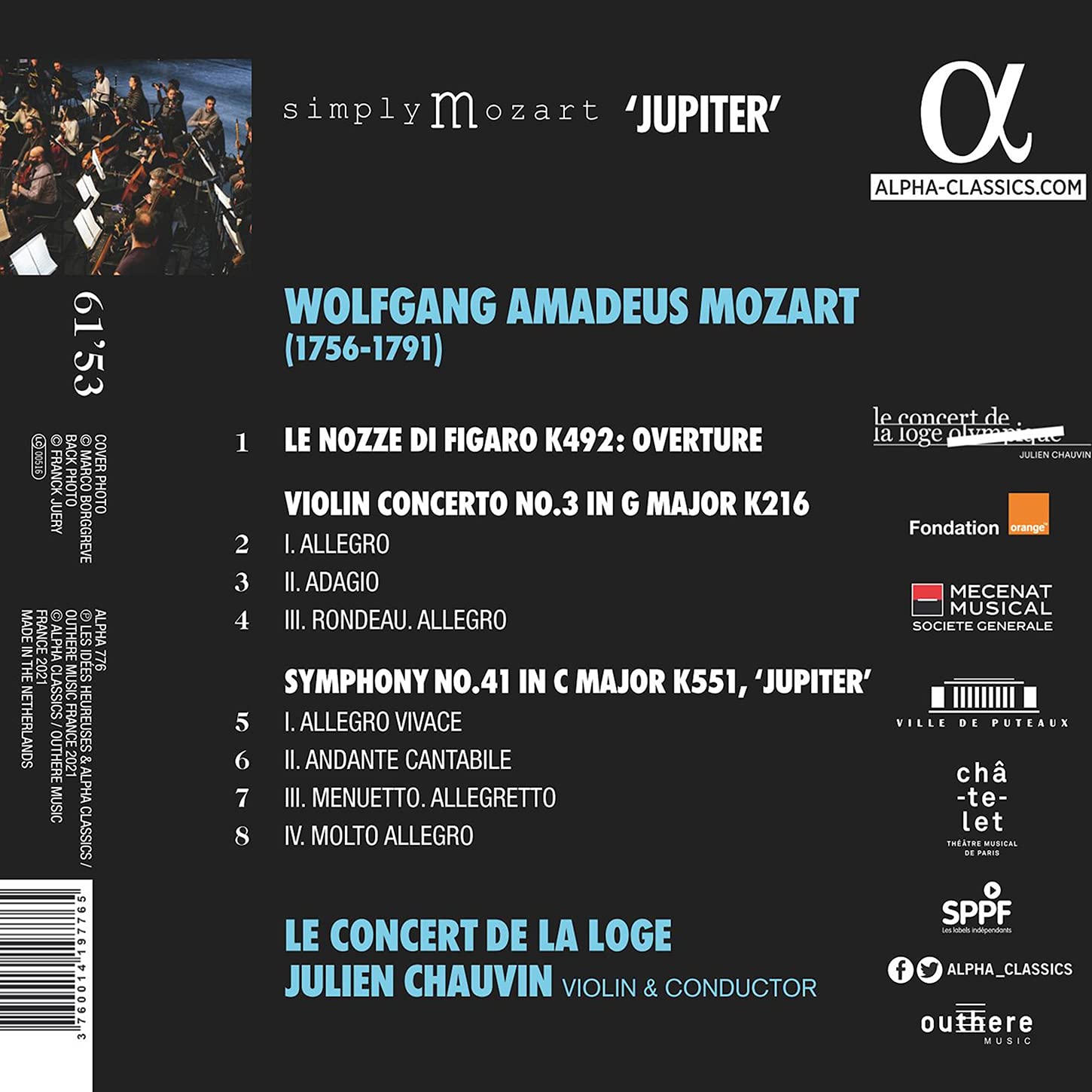 Julien Chauvin 모차르트: 교향곡 41번 '주피터', 바이올린 협주곡 3번 외 (Mozart: Symphony K.551 'Jupiter', Violin Concerto K.216) 