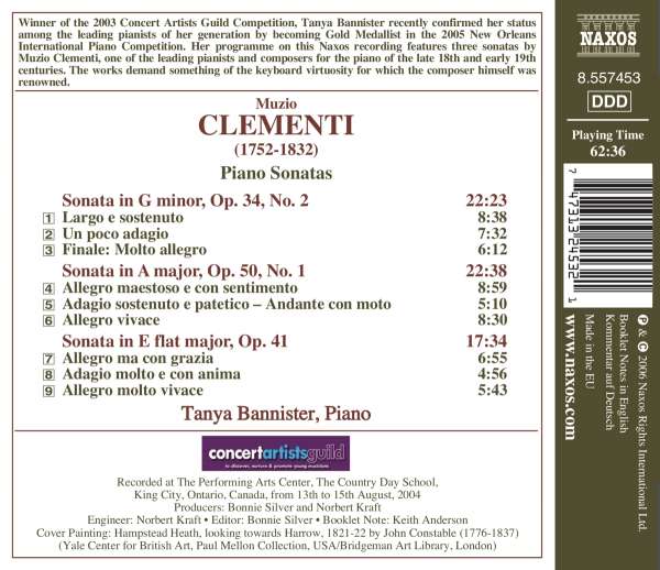 Tanya Bannister 클레멘티: 피아노 소나타 1, 2번, E플랫 장조 (Clementi: Piano Sonatas Op.50 No.1, Op.34 No.2, Op.41) 