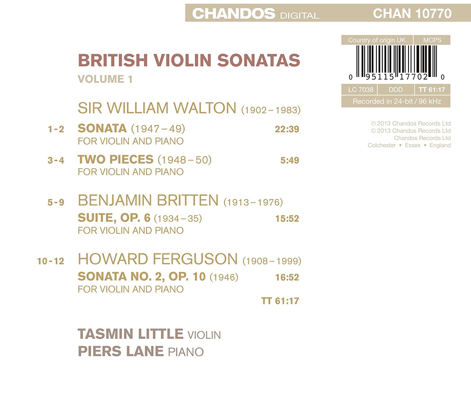 Tasmin Little 영국 바이올린 소나타 1집 - 퍼거슨 / 브리튼 / 월튼 (British Violin Sonatas Vol. 1)