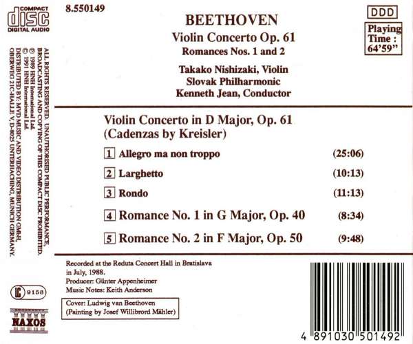 Takako Nishizaki 베토벤: 바이올린 협주곡, 로망스 1, 2번 (Beethoven: Violin Concerto Op.61, Romances Opp.40, 50) 