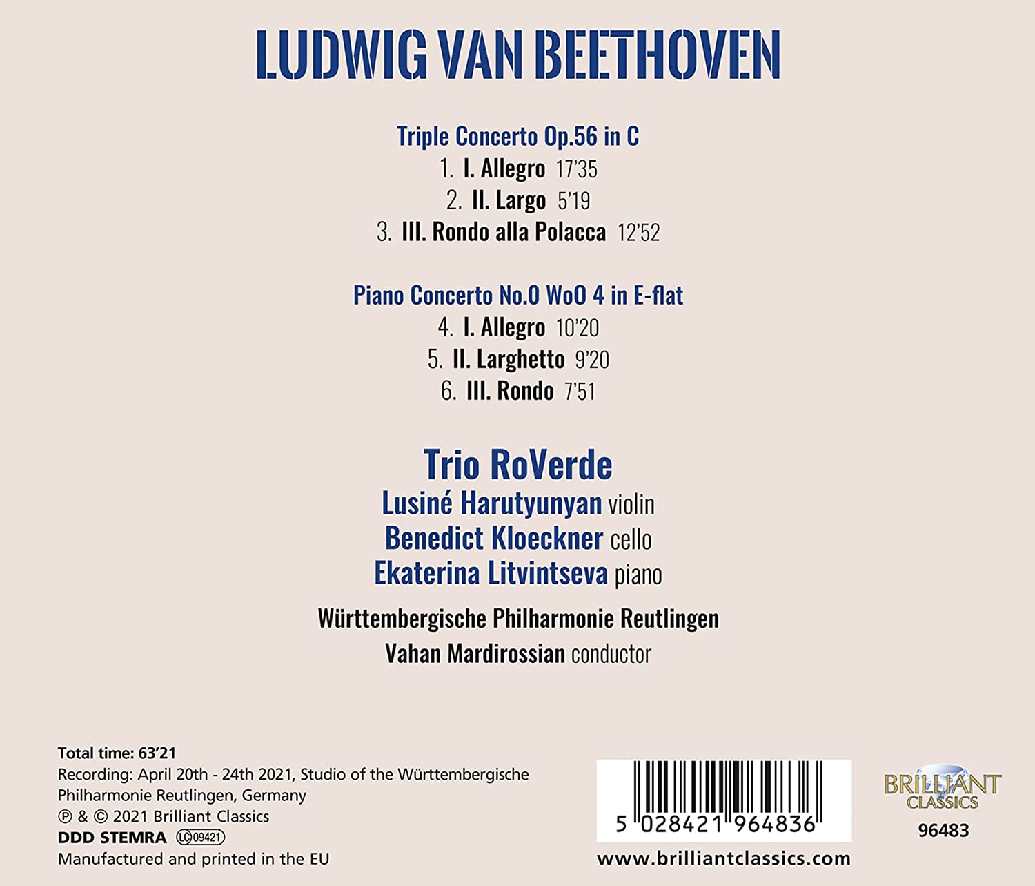 Trio RoVerde 베토벤: 삼중협주곡, 피아노 협주곡 0번 (Beethoven: Triple Concerto Op.56, Piano Concerto WoO 4) 