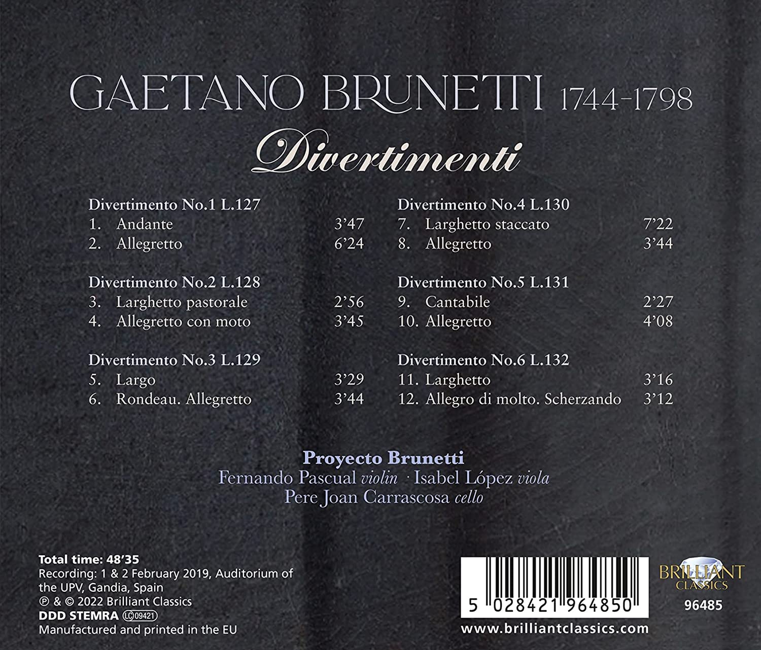 Proyecto Brunetti 가에타노 브루네티: 디베르티멘토 (Gaetano Brunetti: Divertimenti L.127-L.132) 