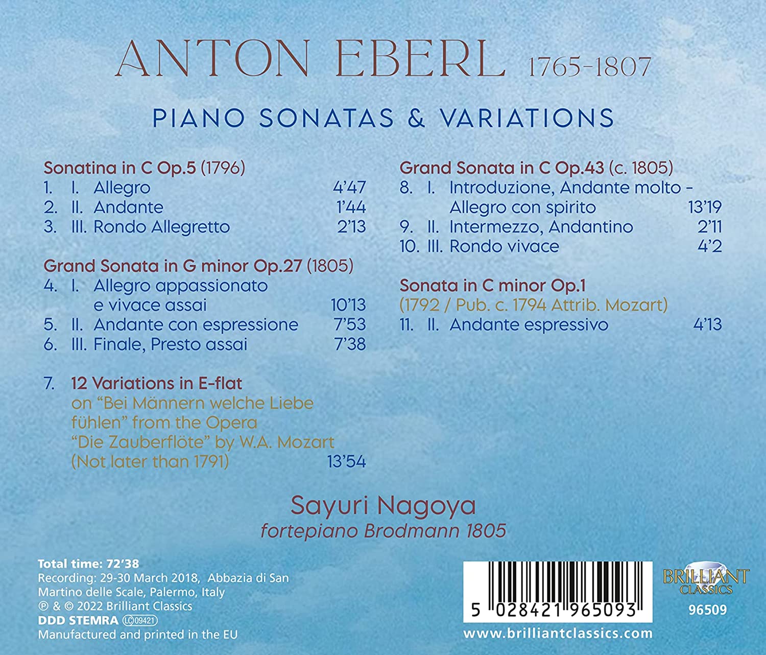 Sayuri Nagoya 안톤 에베를: 피아노 소나타 및 변주곡 (Anton Eberl: Piano Sonatas and Variations) 