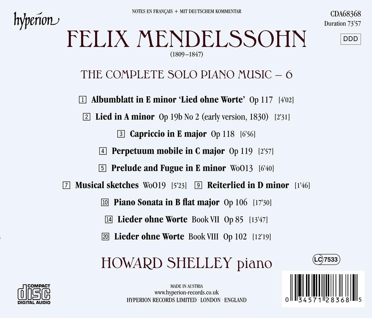 Howard Shelley 멘델스존: 피아노 독주 6집 (Mendelssohn: The Complete Solo Piano Music, Vol. 6)