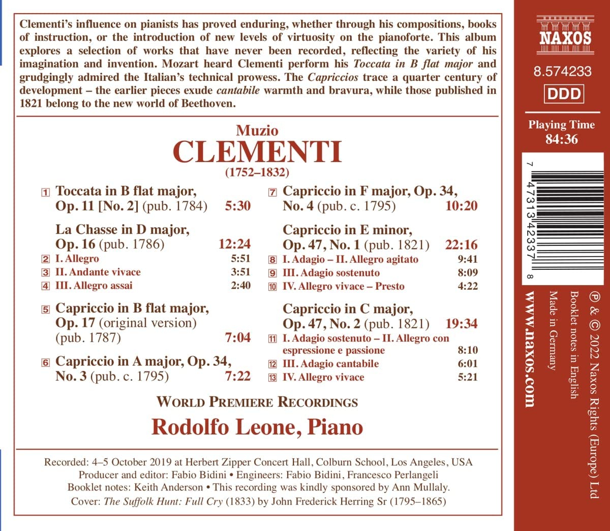 Rodolfo Leone 무지오 클레멘티: 피아노 작품의 보석 - 카프리치오, 토카타, 사냥 (Muzio Clementi: Piano Jewels - Capriccio, Toccata, La Chasse) 