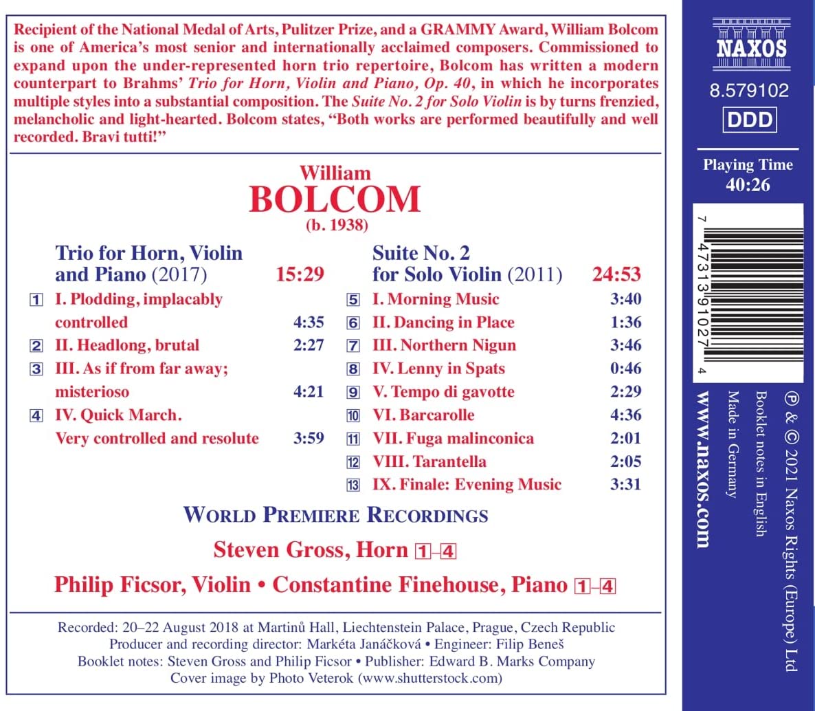 Steven Gross 볼콤: 호른, 바이올린과 피아노를 위한 삼중주, 무반주 바이올린 소나타 2번 (Bolcom: Trio for Horn, Violin and Piano, Suite No.2 for Solo Violin) 