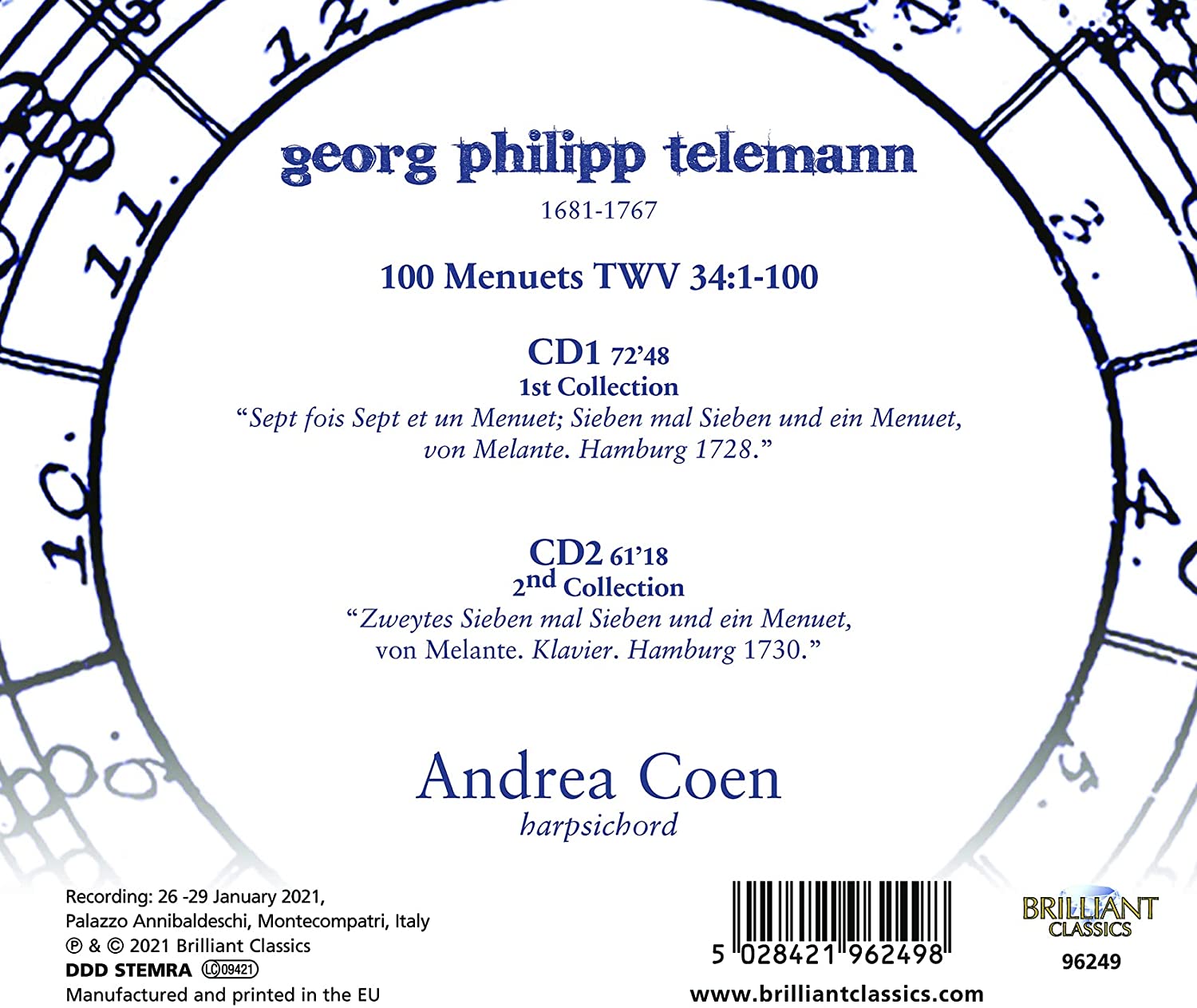 Andrea Coen 텔레만: 100곡의 미뉴에트 (Telemann: 100 Menuets TWV 34:1-100) 