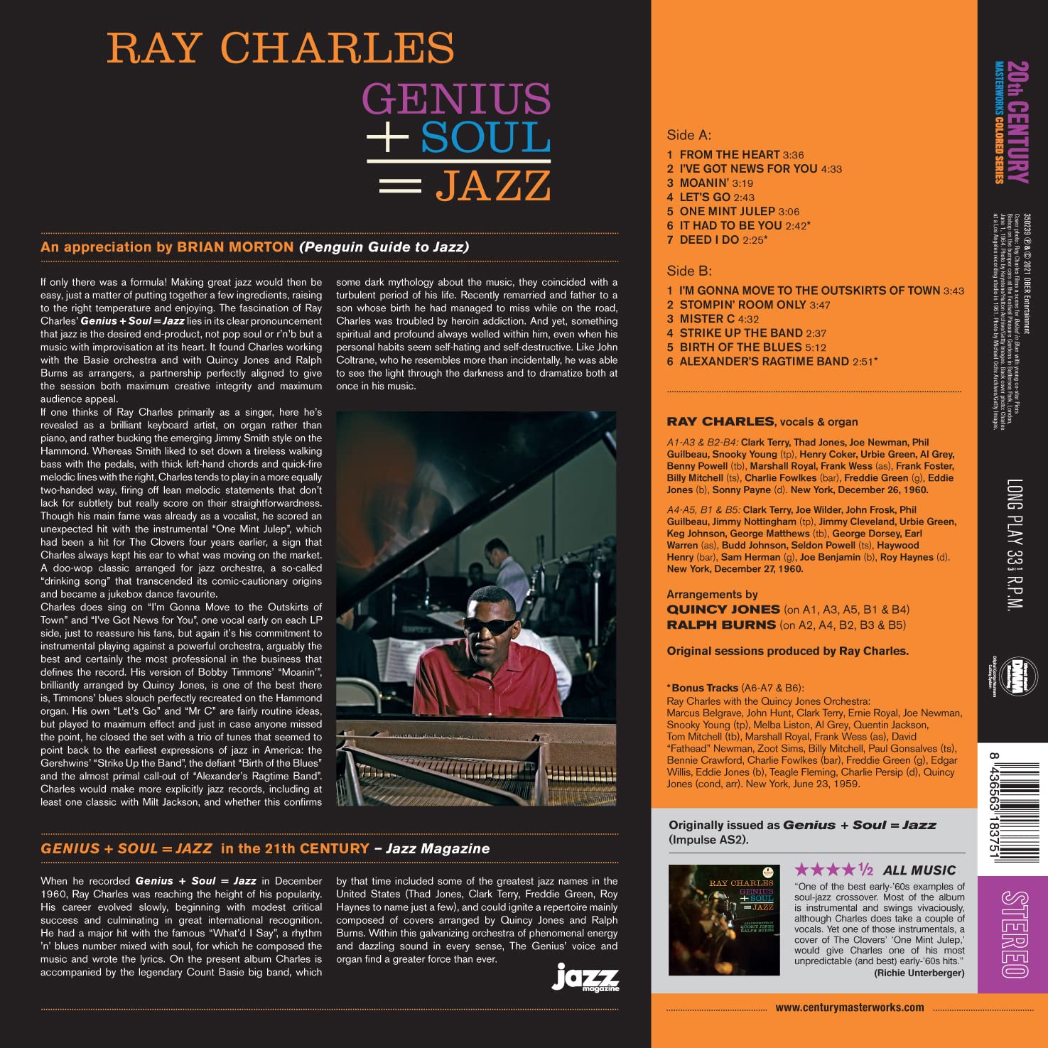 Ray Charles (레이 찰스) - Genius + Soul = Jazz [오렌지 컬러 LP] 