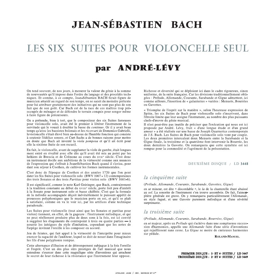 Andre Levy 바흐: 무반주 첼로 모음곡 2집 - 앙드레 레비 (Bach: Suites for Unaccompanied Cello BWV1011, 1009)[LP]