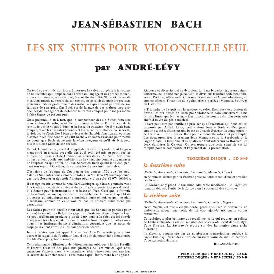 Andre Levy 바흐: 무반주 첼로 모음곡 3집 - 앙드레 레비 (Bach: Suites for Unaccompanied Cello BWV1008, 1012)[LP] 