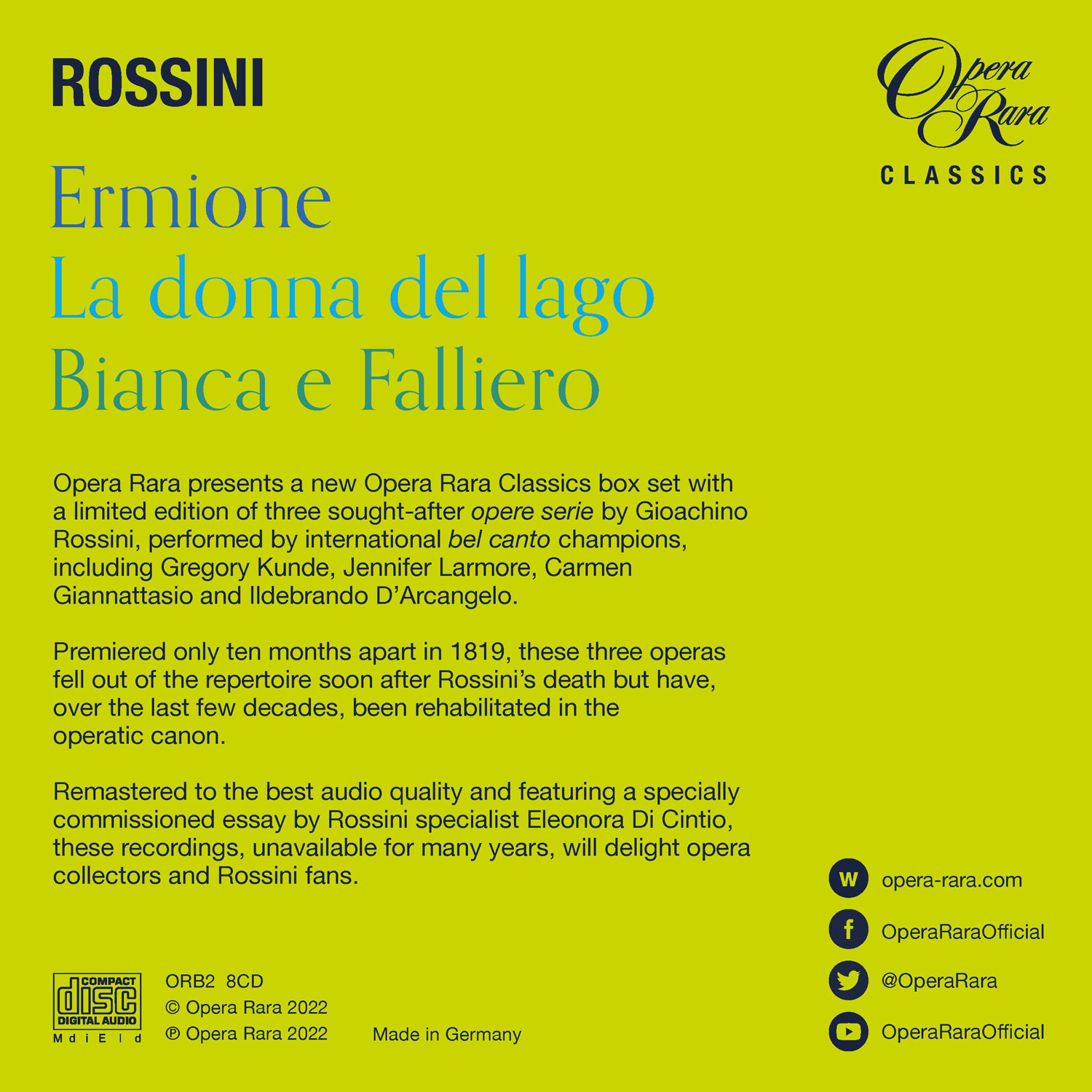 1819년의 로시니 - 오페라 '에르미오네', '호수의 여인', '비안카와 팔리에로' (Rossini: Three Complete Operas - Ermione, La donna del lago, Bianca e Falliero) 