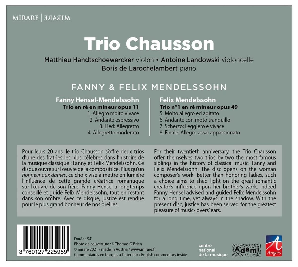 Trio Chausson 파니 / 펠릭스 멘델스존: 피아노 삼중주 (Fanny Mendelssohn-Hensel: Piano Trio Op.11 / Felix Mendelssohn: Piano Trio Op.49) 