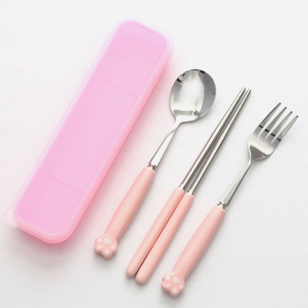 야옹이 휴대용 포크+수저세트(핑크) 캠핑 피크닉식기