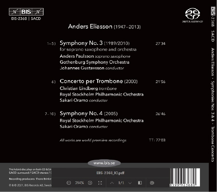 Johannes Gustavsson / Sakari Oramo 안데시 엘리아손: 교향곡 3, 4번, 트럼본 협주곡 (Anders Eliasson: Symphonies Nos. 3, 4, Trombone Concerto) 