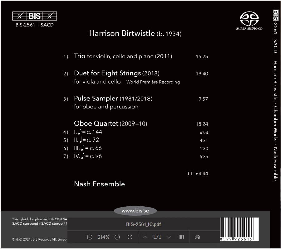The Nash Ensemble 해리슨 버트위슬: 실내악 작품집 - 피아노 삼중주, 오보에 사중주 외 (Harrison Birtwistle: Chamber Works - Trio for Violin, Cello and Piano, Oboe Quartet) 