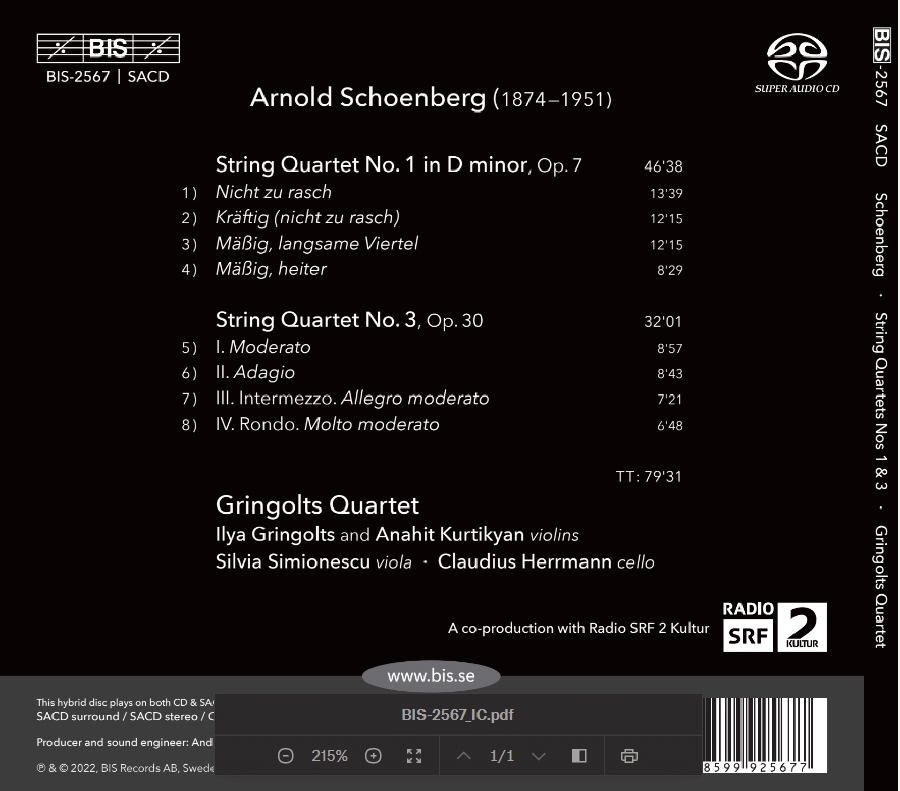 Gringolts Quartet 쇤베르크: 현악 사중주 1, 3번 (Schoenberg: String Quartets Op.7, Op.30) 