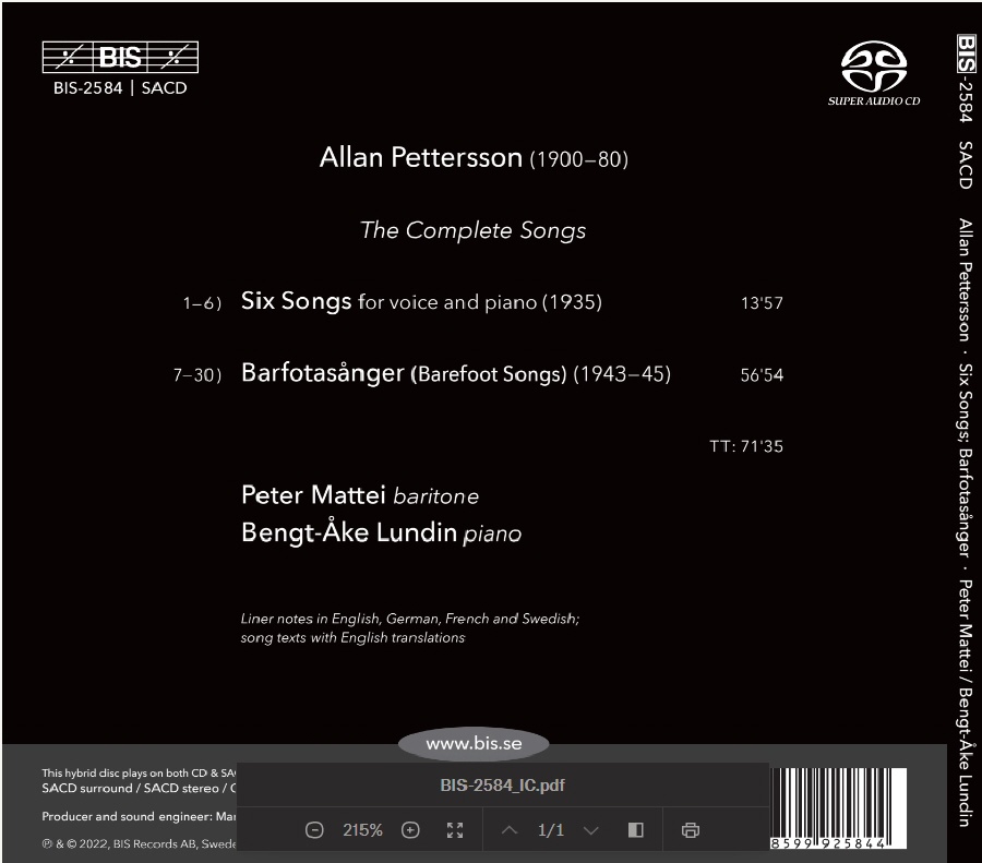 Peter Mattei / Bengt-Ake Lundin 알란 페테숀: 가곡 전곡 (Allan Pettersson: The Complete Songs - Barfotsanger) 