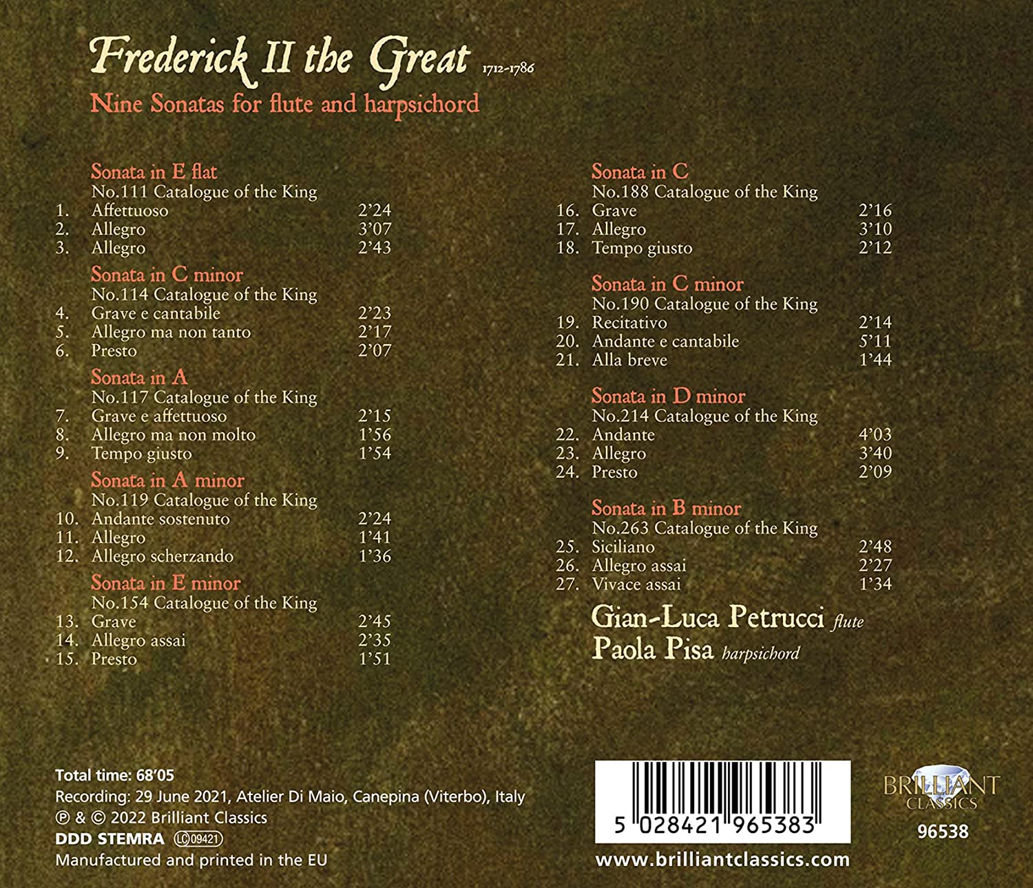 Gian-Luca Petrucci / Paola Pisa 위대한 프리드리히 2세 - 플루트와 하프시코드를 위한 아홉개의 소나타 (Frederick II the Great - Nine Sonatas for Flute and Harpsichord) 
