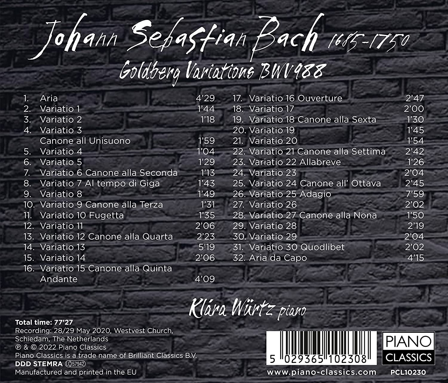 Klara Wurtz 바흐: 골드베르크 변주곡 - 클라라 뷔르츠 (J.S.Bach: Goldberg Variations BWV988)