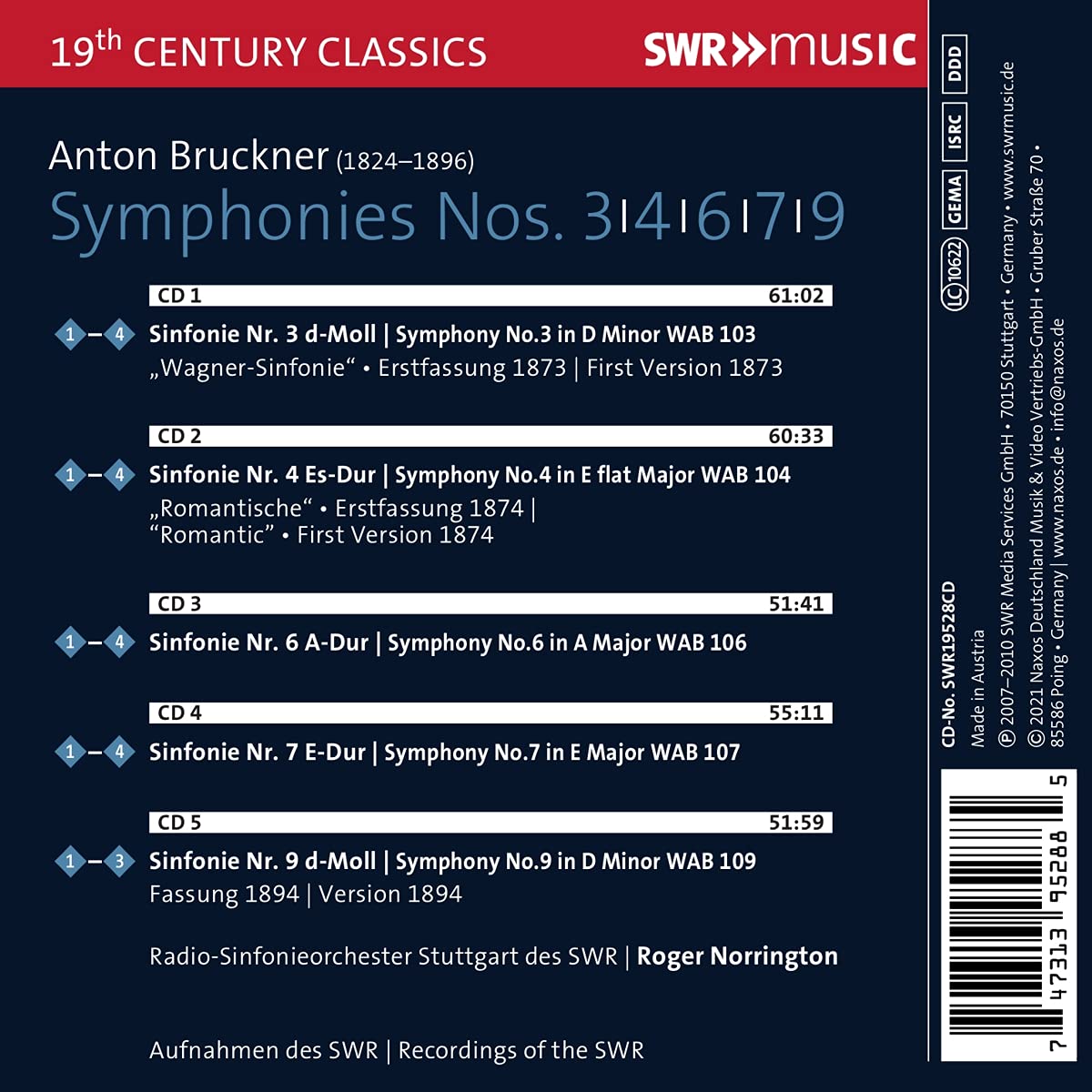 Roger Norrington 브루크너: 교향곡 3, 4, 6, 7, 9번 (Bruckner: Symphonies WAB103, 104, 106, 107, 109) 