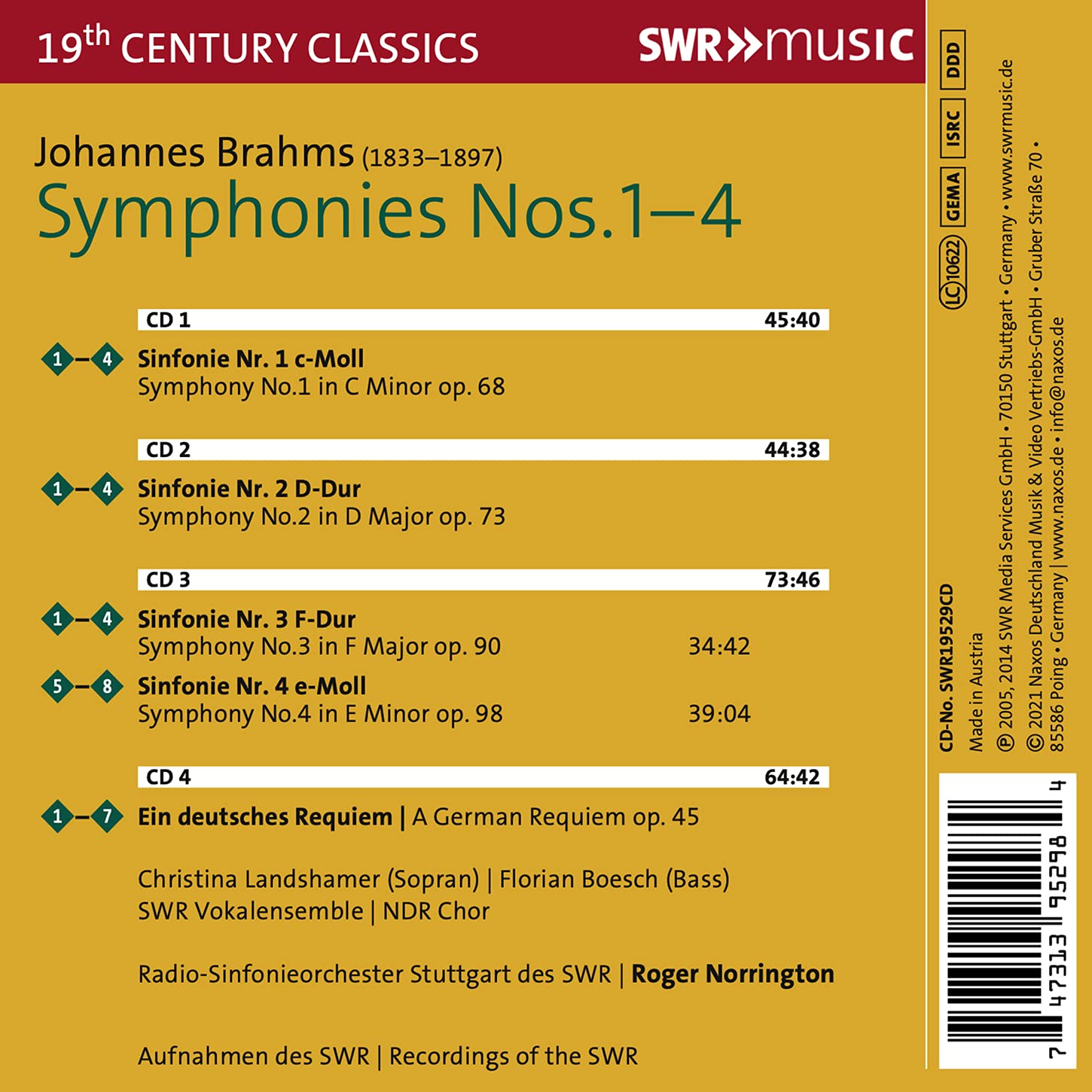 Roger Norrington 브람스: 교향곡 전곡, 독일 레퀴엠 (Brahms: Complete Symphonies, A German Requiem) 
