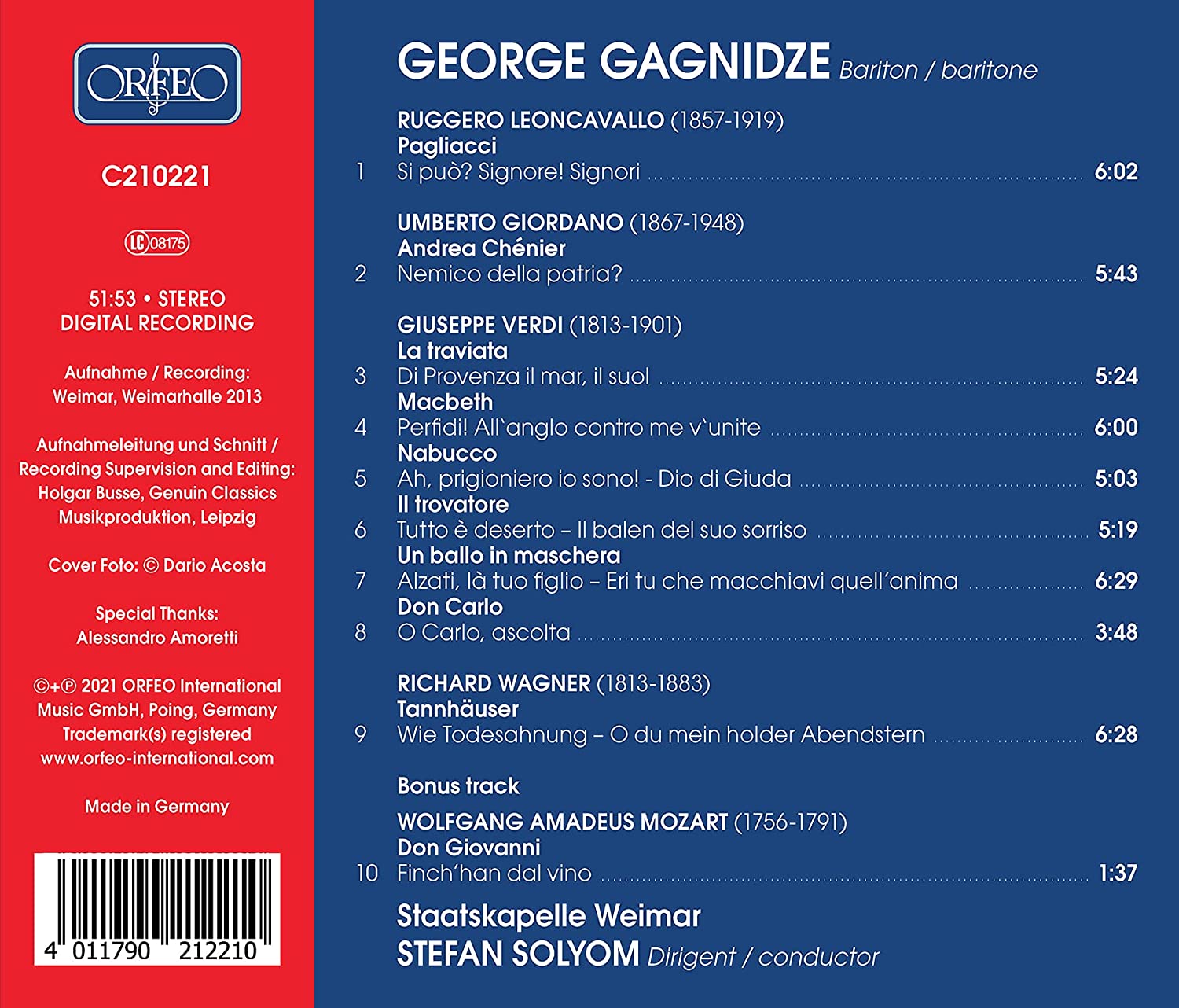 George Gagnidze 모차르트 / 바그너 / 베르디 / 레온카발로 / 조르디노: 오페라 바리톤 아리아 모음 (Mozart / Wagner / Verdi / Leoncavallo / Giordano: Arias) 