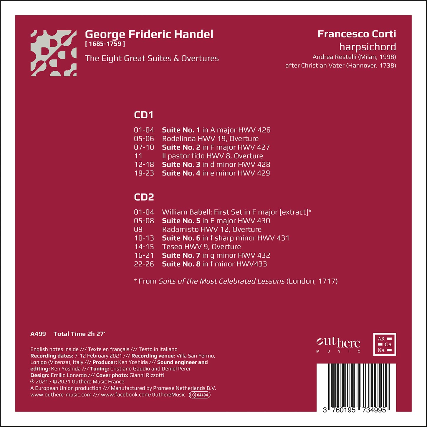 Francesco Corti 헨델: 건반악기를 위한 8개의 모음곡과 서곡 (Handel: The eight great Suites, Overtures - Winged Hands)