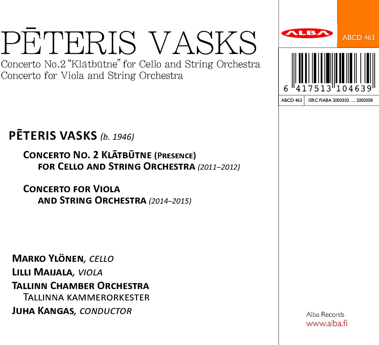 Marko Ylonen 바스크스: 첼로 협주곡 2번 '현존', 비올라 협주곡 (Vasks: Cello Concerto 'Presence', Viola Concerto) 