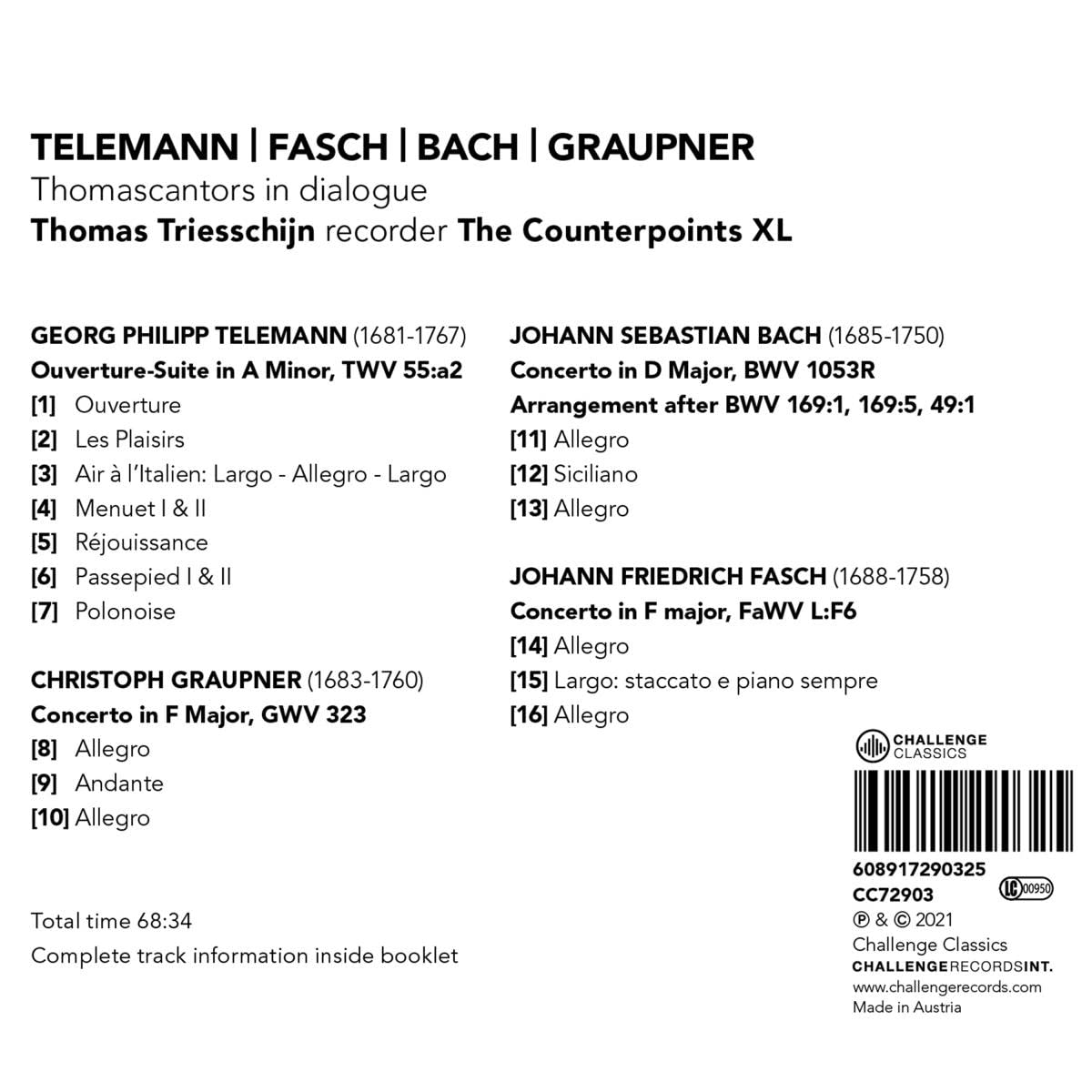 Thomas Triesschijn 텔레만: 서곡-모음곡 / 그라우프너: 리코더 협주곡 / 바흐: 협주곡 BWV 1053R 외 (Thomascantors in dialogue) 