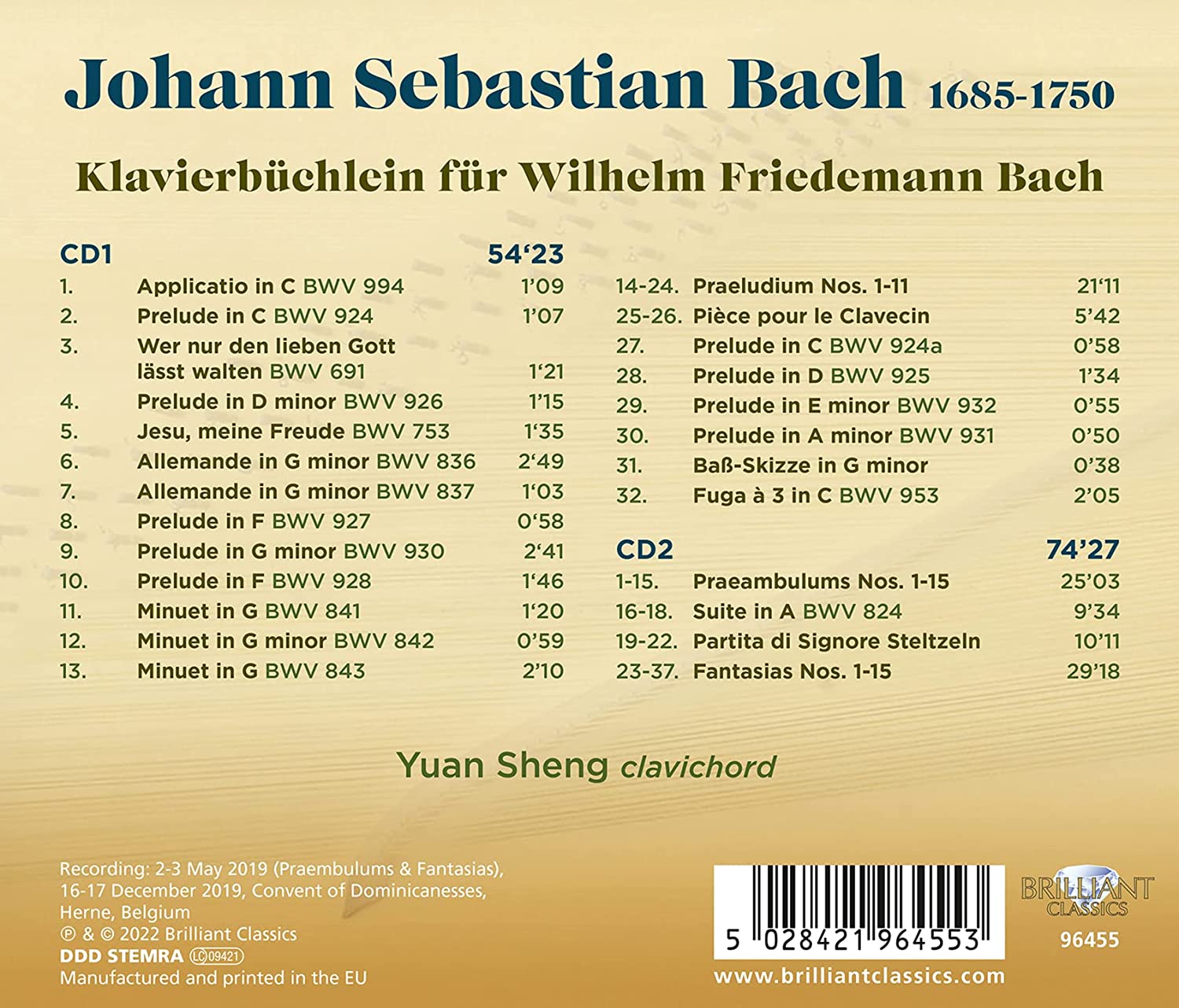 Yuan Sheng 바흐: 빌헬름 프리데만을 위한 클라비어 소곡집 (Bach: Klavierbuchlein Fur Wilhelm Friedemann Bach)