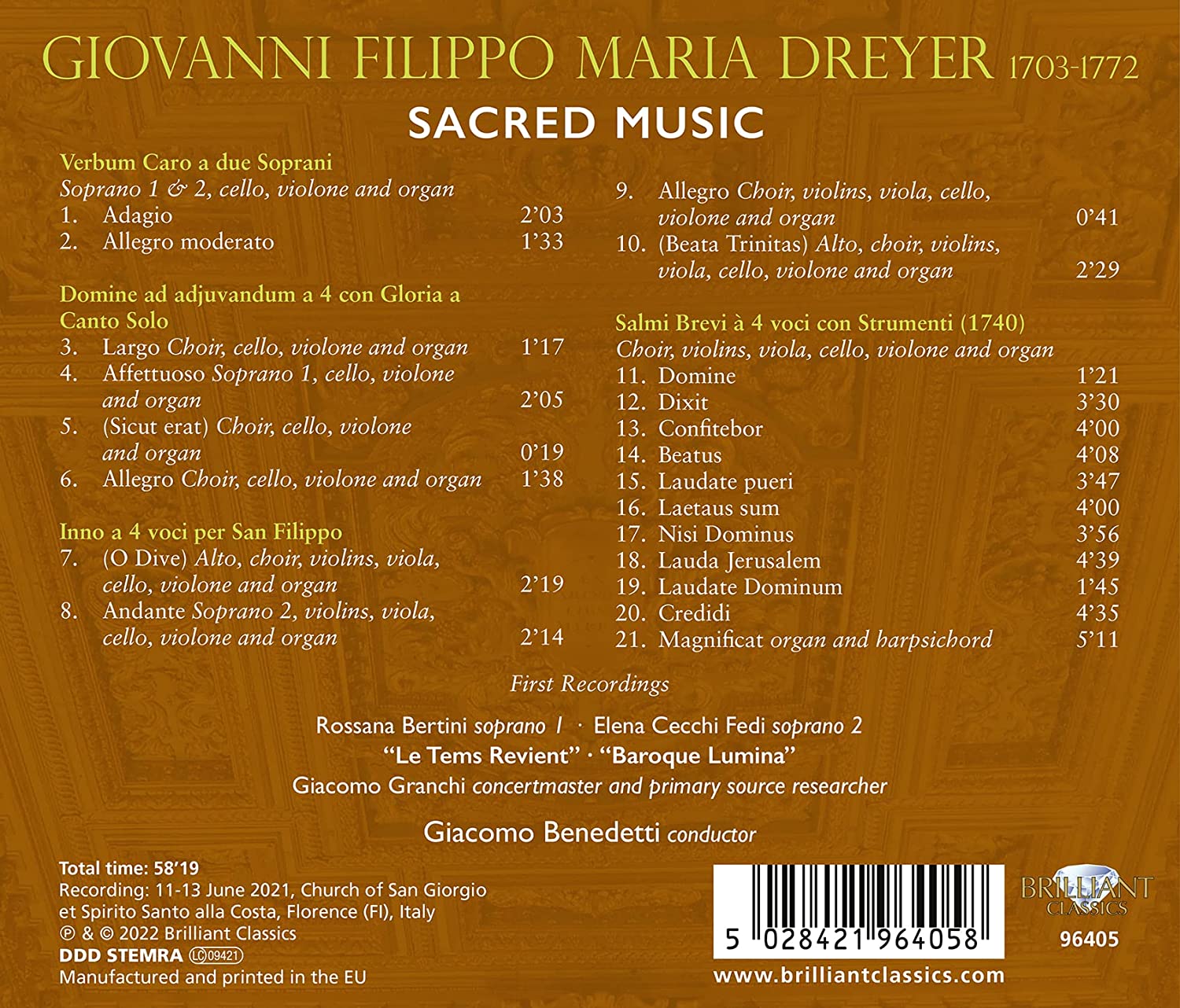 지오바니 필리포 마리아 드레이어: 악기와 성악을 위한 짧은 시편 (Giovanni Filippo Maria Dreyer: Sacred Music)