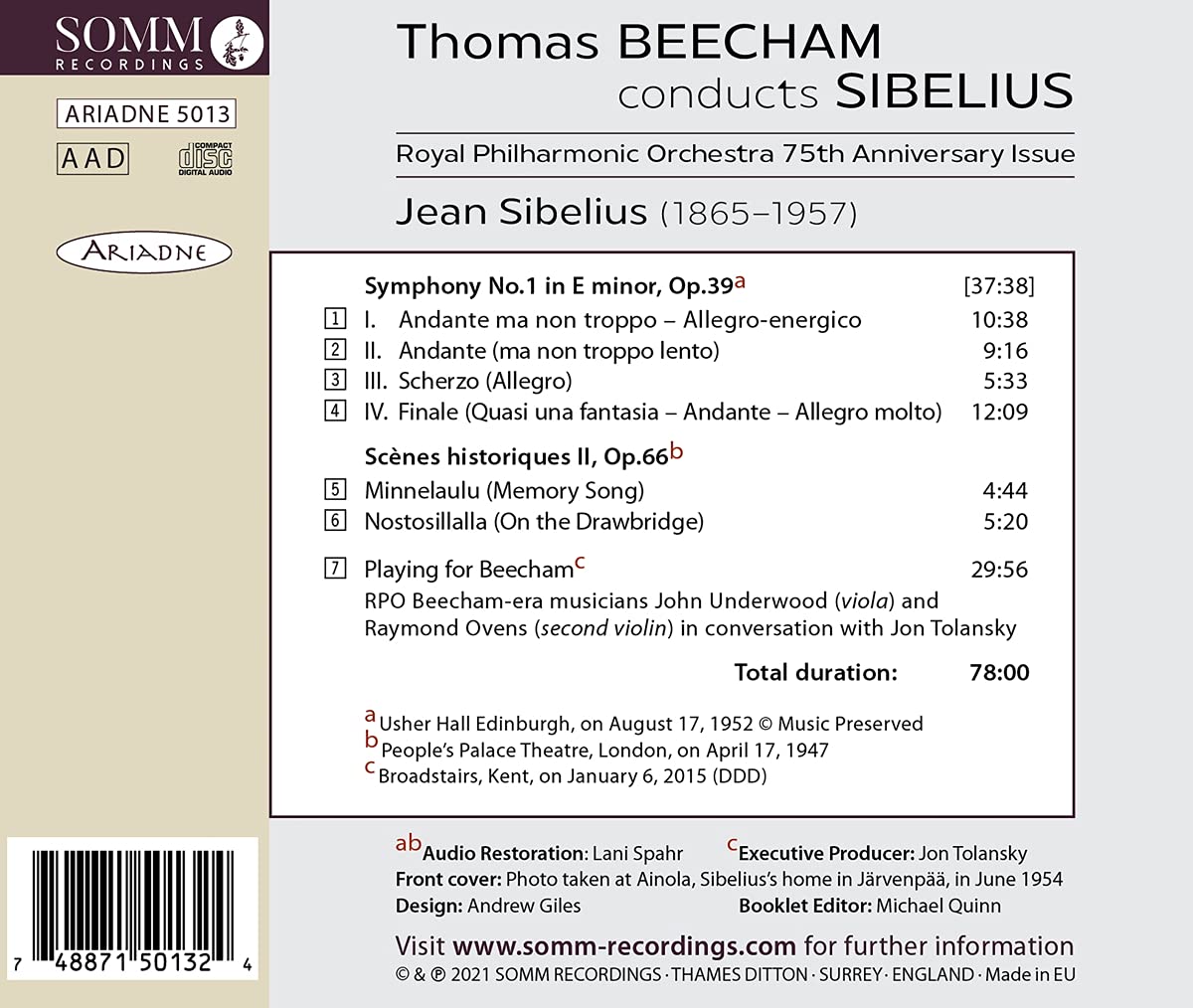 Thomas Beecham 시벨리우스: 교향곡 1번, 역사적 장면 모음곡 2번 op.66 (Sibelius: Symphony No. 1, Scenes historiques II) 