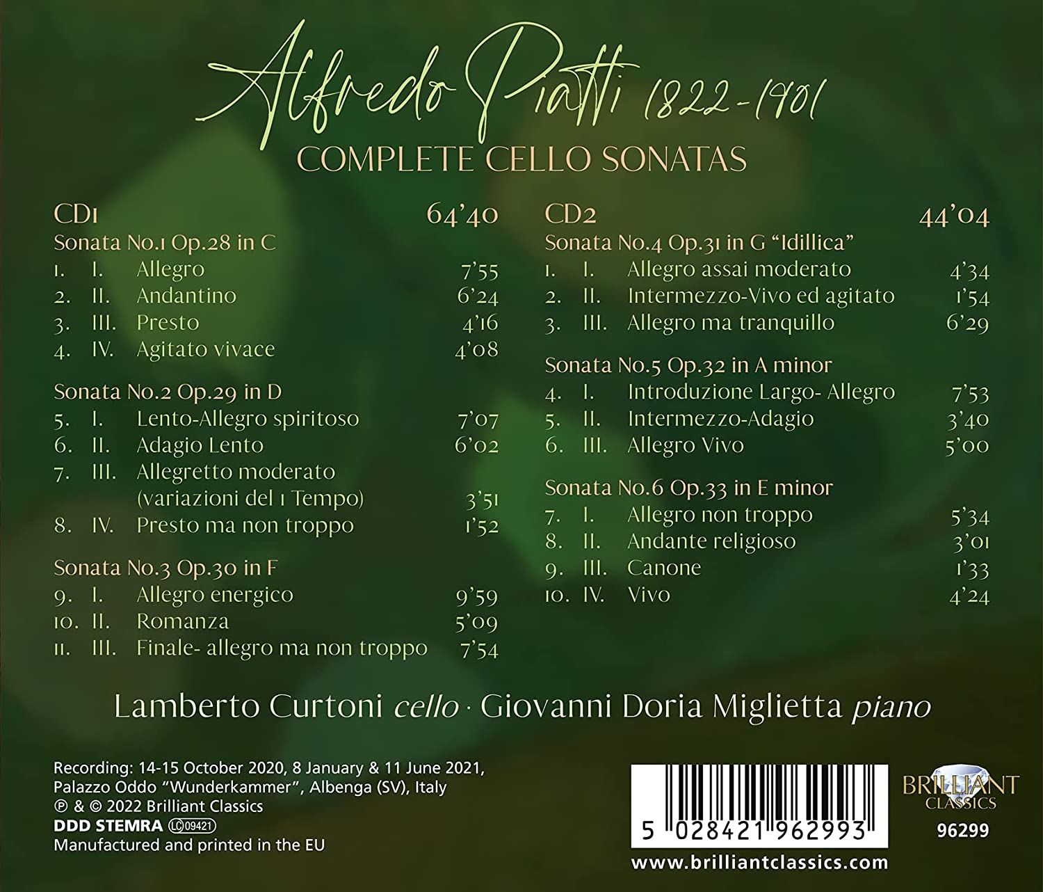 알프레도 피아티: 첼로 소나타 전곡집 (Alfredo Piatti: Complete Cello Sonatas)