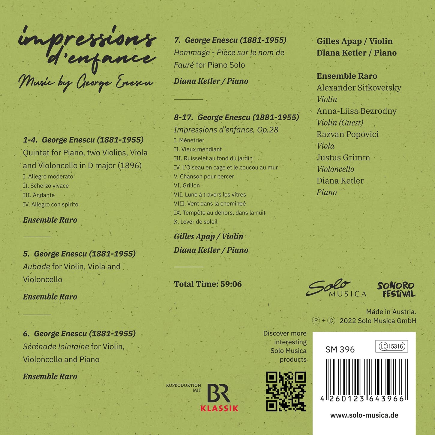 Ensemble Raro / Gilles Apap 에네스쿠: 피아노 오중주, 유년기의 인상, 아침인사, 세레나데 등 (Impressions D' Enfance)