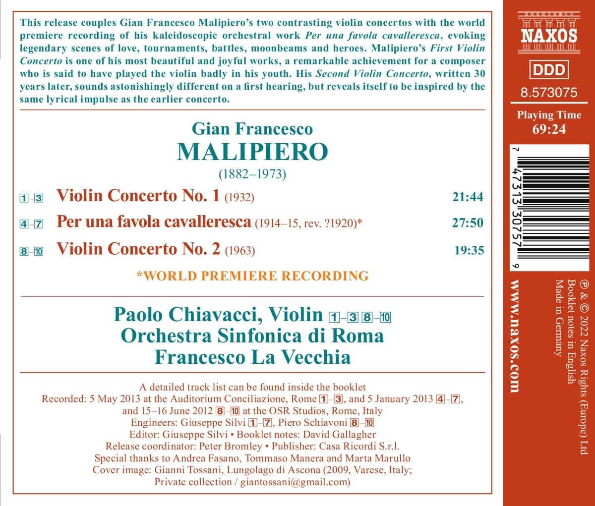 Paolo Chiavacci 말리피에로: 바이올린 협주곡, 어느 기사도 이야기를 위하여 (Malipiero: Violin Concertos, Per Una Favola Cavalleresca)