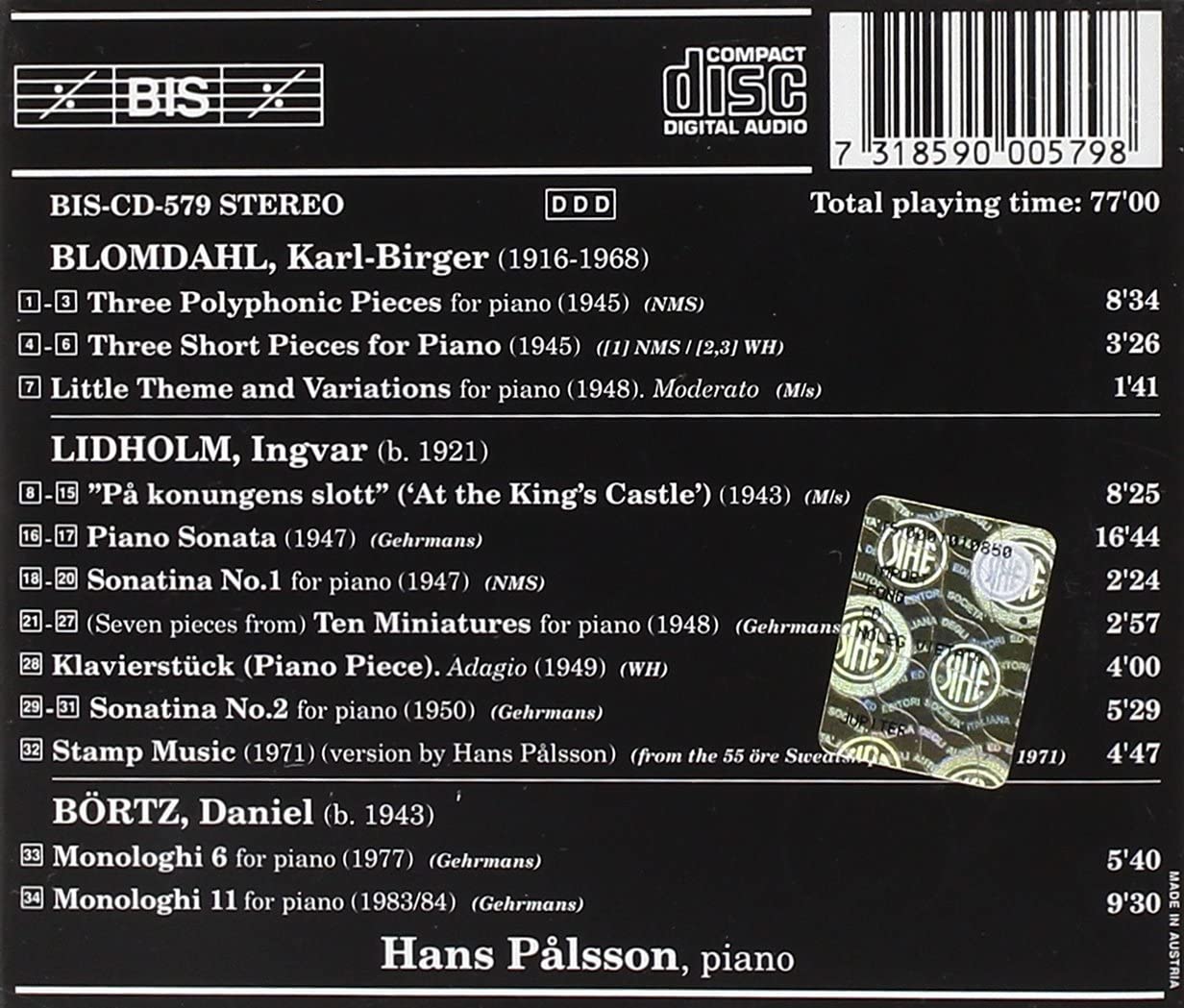 Hans Palsson  블롬달 / 리드홀름 / 보르츠 - 현대 스웨덴 피아노 음악 (Modern Swedish Piano Music)