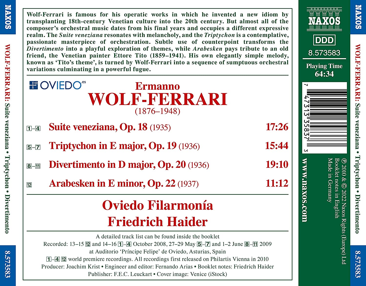 Friedrich Haider 볼프-페라리: 베네치아 모음곡, 디베르티멘토, 아라베스크 (Wolf-Ferrari: Suite Veneziana, Triptychon, Divertimento)