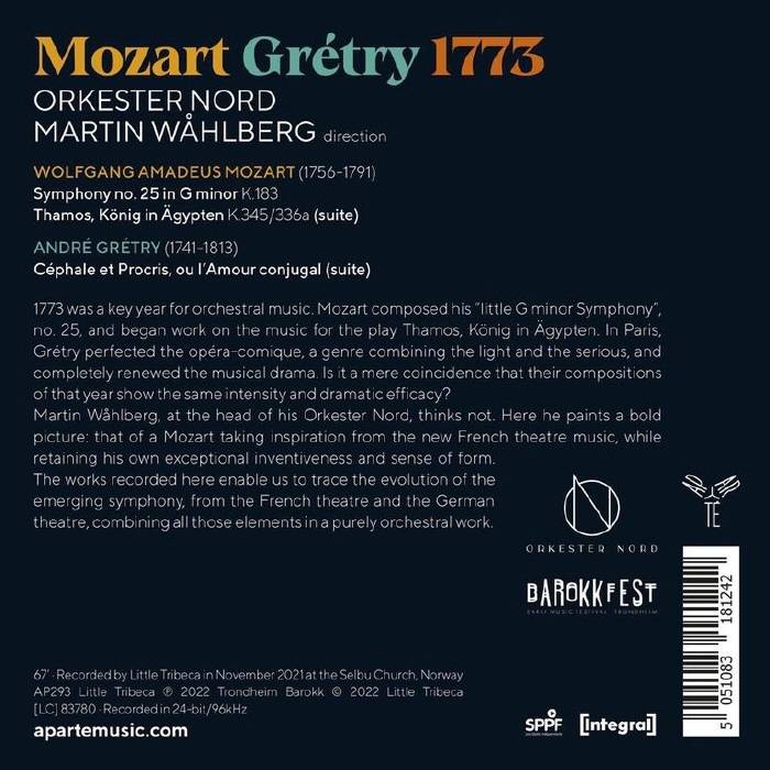 Martin Wahlberg 모차르트: 교향곡 25번, 이집트의 왕 타모스 K.345,336a 모음곡 / 그레트리: 케팔로스와 프로크리스 모음곡 (Mozart & Gretry 1773)