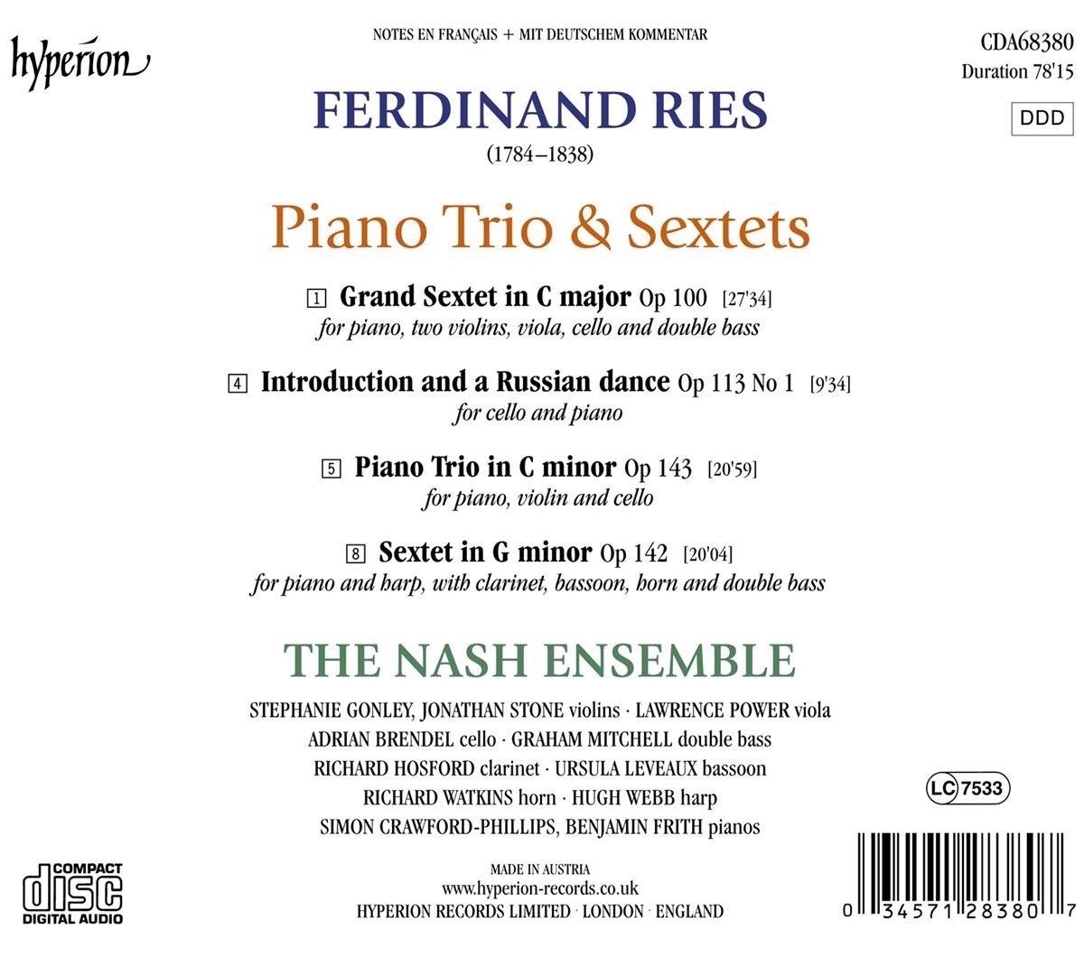 The Nash Ensemble 페르디난트 리스: 피아노 3중주, 6중주 - 내쉬 앙상블 (Ries: Piano Trio & Sextets)