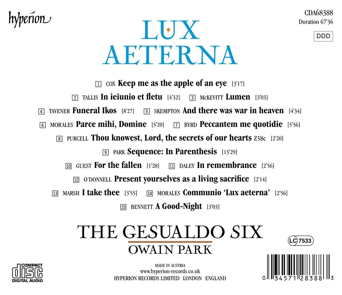 The Gesualdo Six 추모와 상실의 슬픔을 노래하는 제수알도 식스 합창 모음집 (Lux Aeterna)