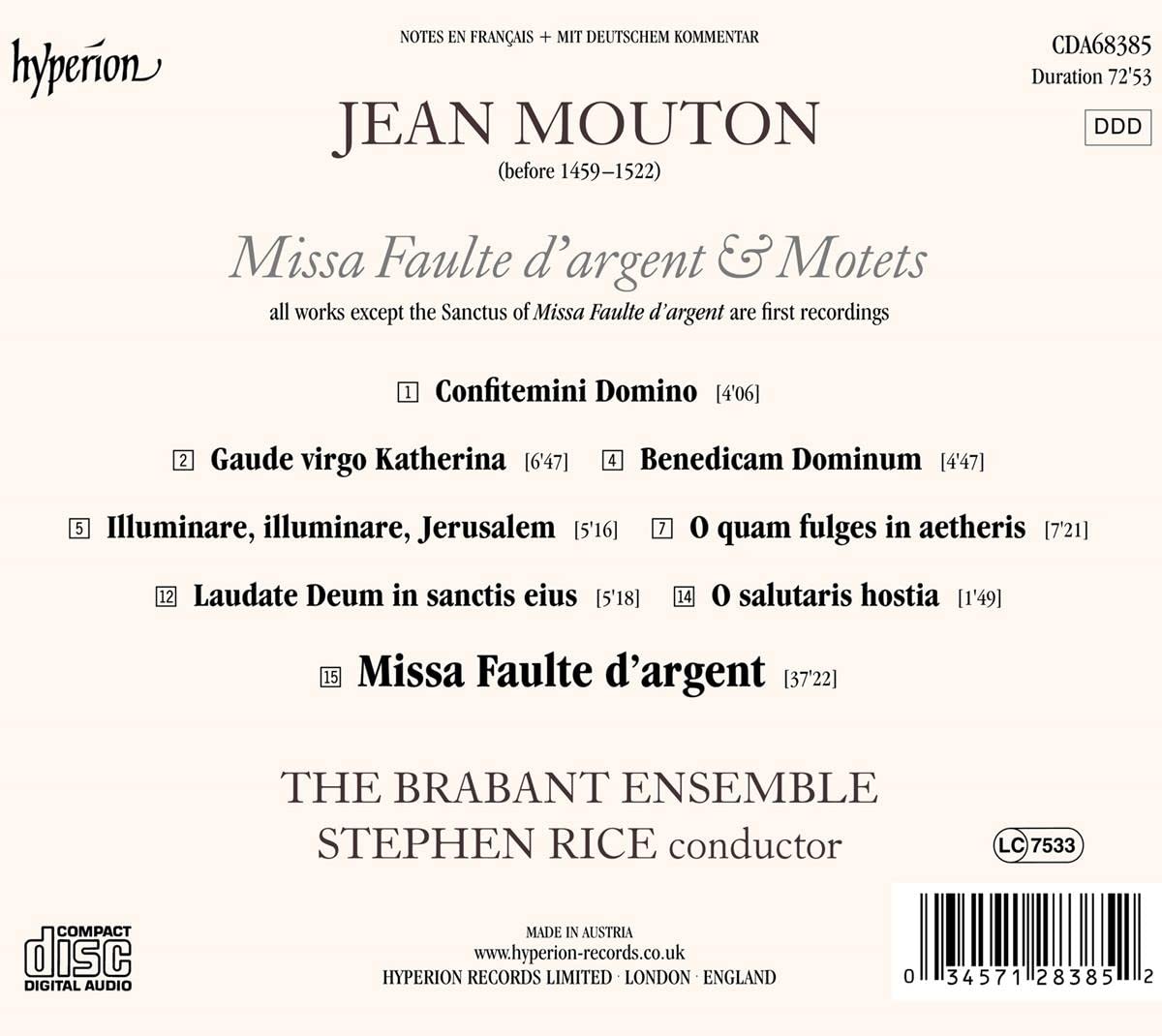 장 무통: 미사 폴트 다르쟝, 모테트집 (Jean Mouton: Missa Faulte D'Argent, Motets)