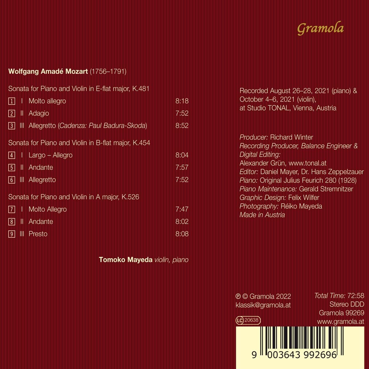 Tomoko Mayeda 모차르트: 바이올린 소나타 (Mozart: The Late Viennese Violin Sonatas K.454, 481 & 526)
