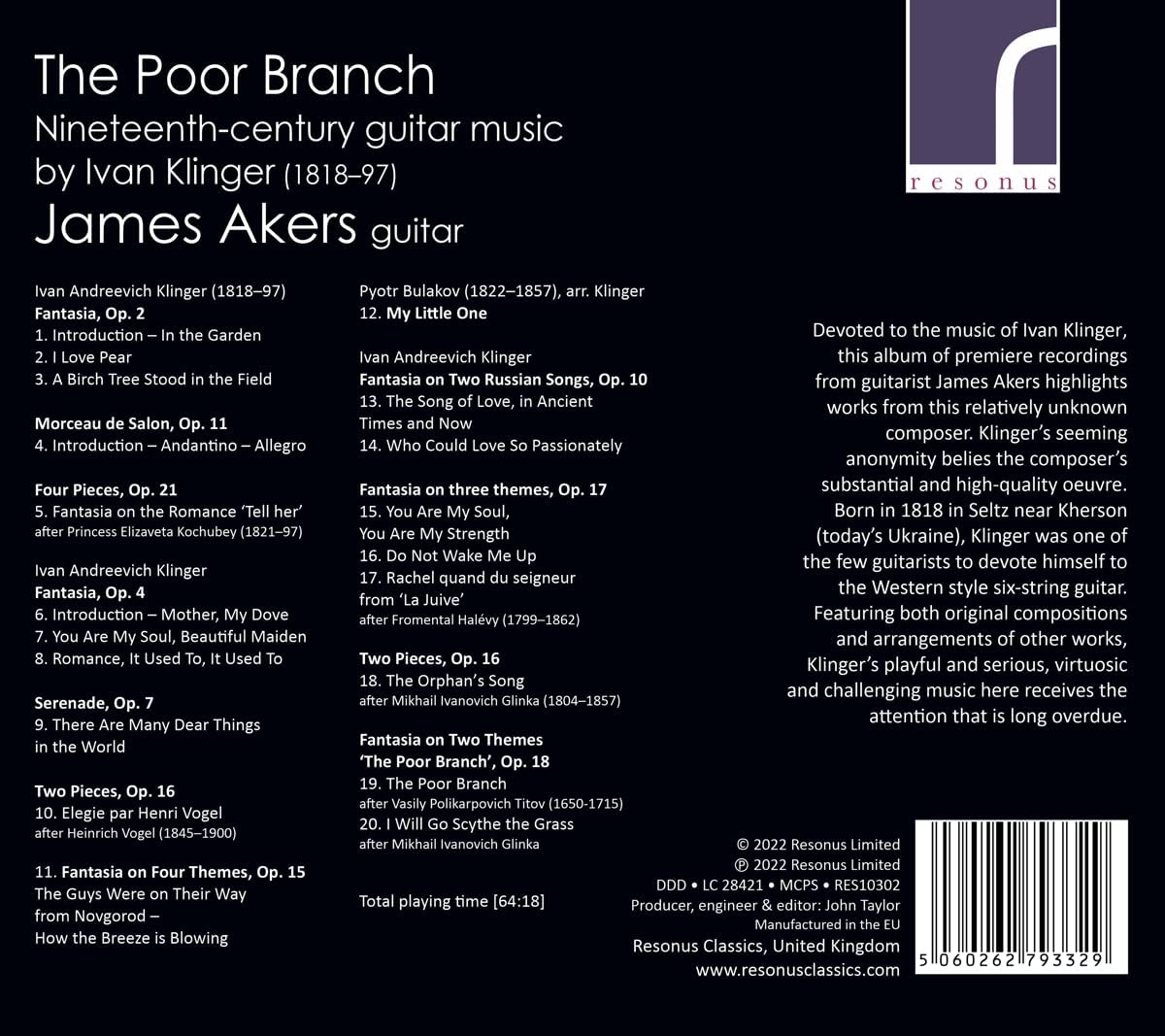 James Akers 클링어: 19세기 기타 음악 (The Poor Branch - Klinger: 19th Century Guitar Music)