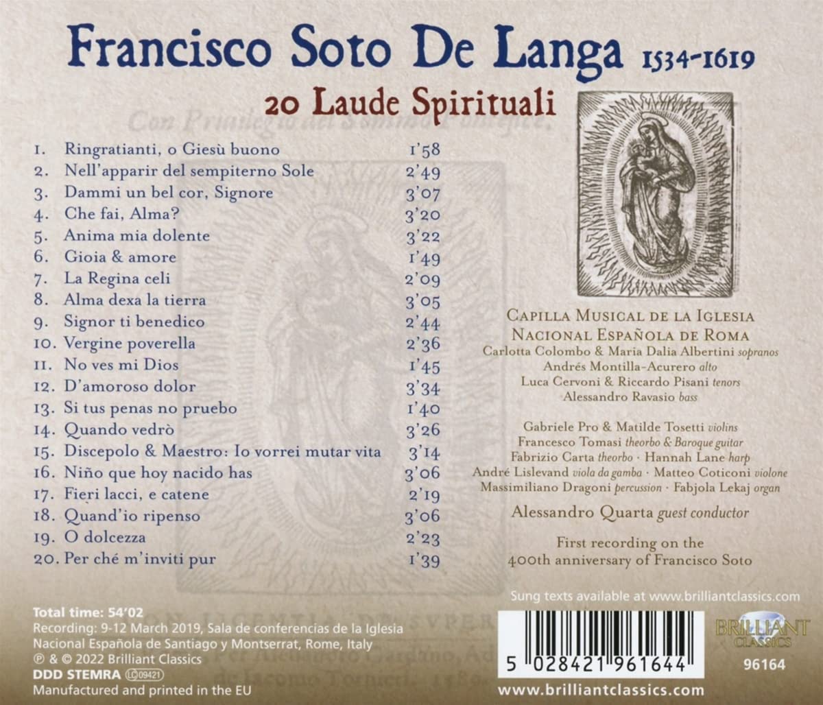 Alessandro Quarta 프란시스코 랑가: 16세기 성가·민중 찬송가 모음집 (Soto De Langa: 20 Laude Spirituali)