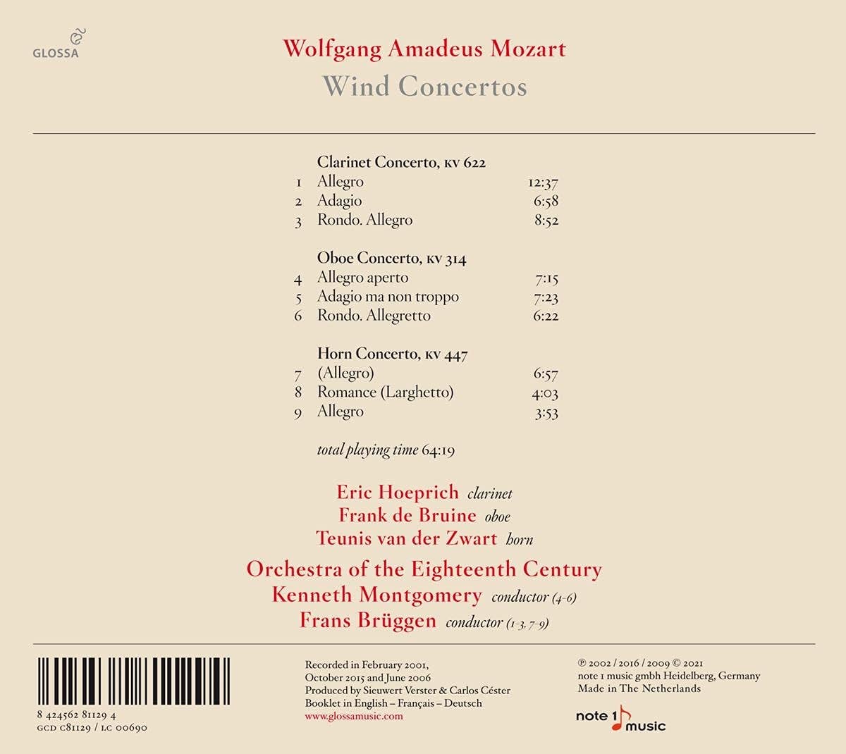 Orchestra of the 18th Century 모차르트: 클라리넷 협주곡 / 오보에 협주곡 / 호른 협주곡 (Mozart: Wind Concertos)