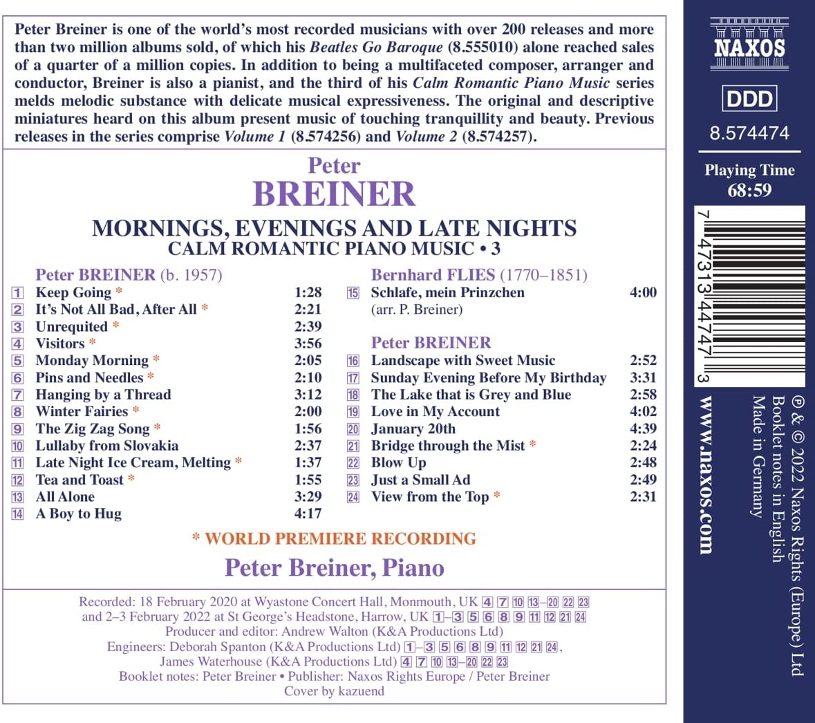 Peter Breiner 아침, 저녁 그리고 늦밤 - 잔잔하고 로맨틱한 피아노 음악 작품 시리즈 3집 (Peter Breiner: Mornings, Evenings and Late Nights - Calm Romantic Piano Music, Vol. 3)