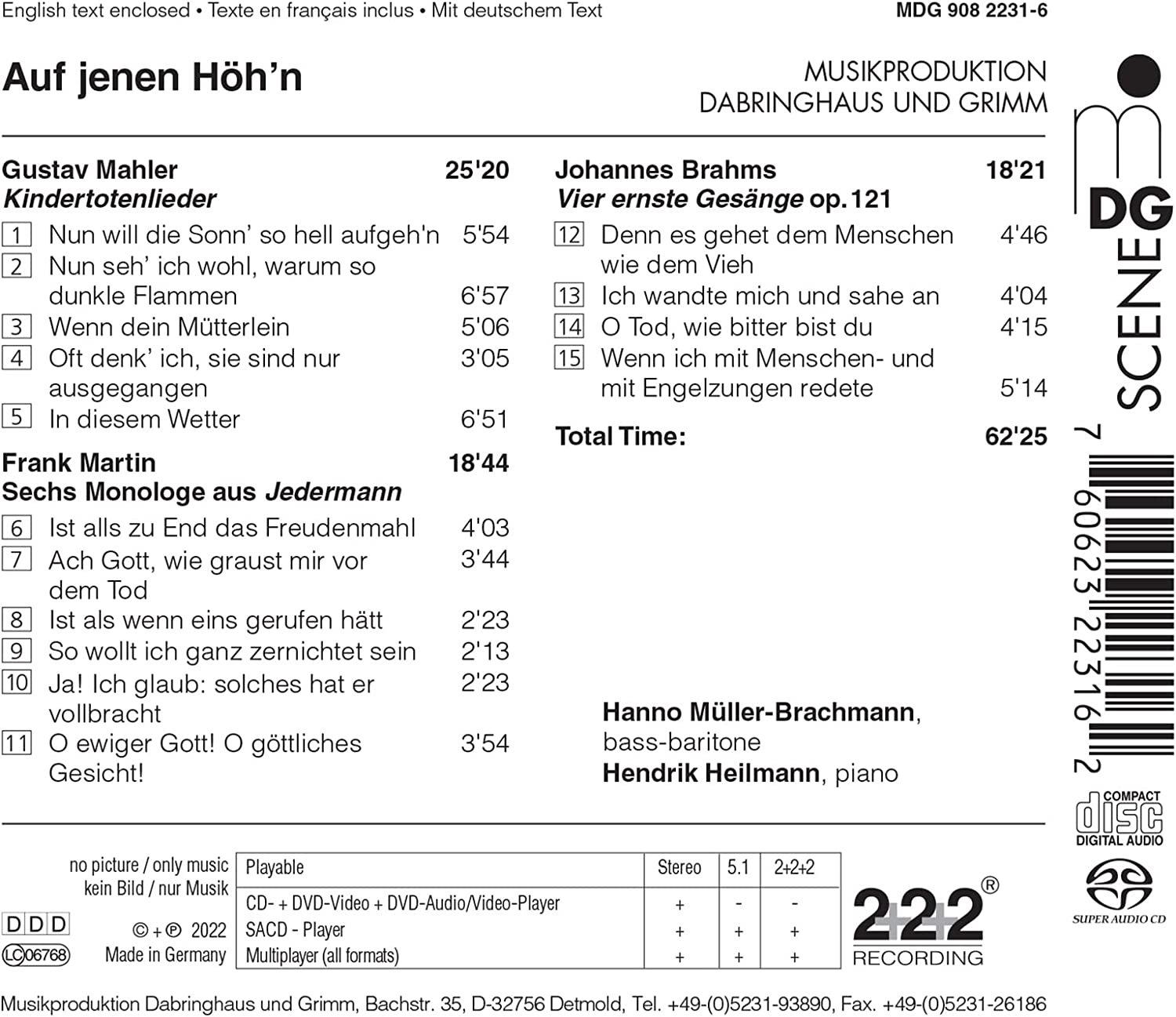 Hanno Muller-Brachmann 말러 / 브람스 / 마르탱 가곡 모음집 (Auf Jenen Hoh N - Mahler,Martin,Brahms)