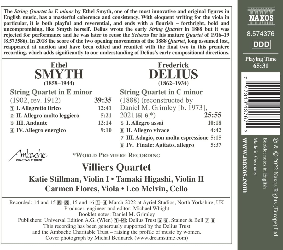Villiers Quartet 딜리어스 / 에델 스미스: 현악사중주 (Delius / Smyth: String Quartets)