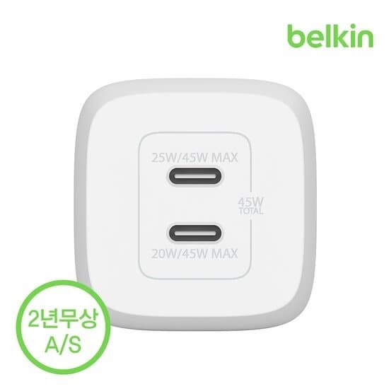 벨킨 45W 듀얼 USB-C타입 PD 3.0 PPS GaN 고속 충전기 WCH011kr