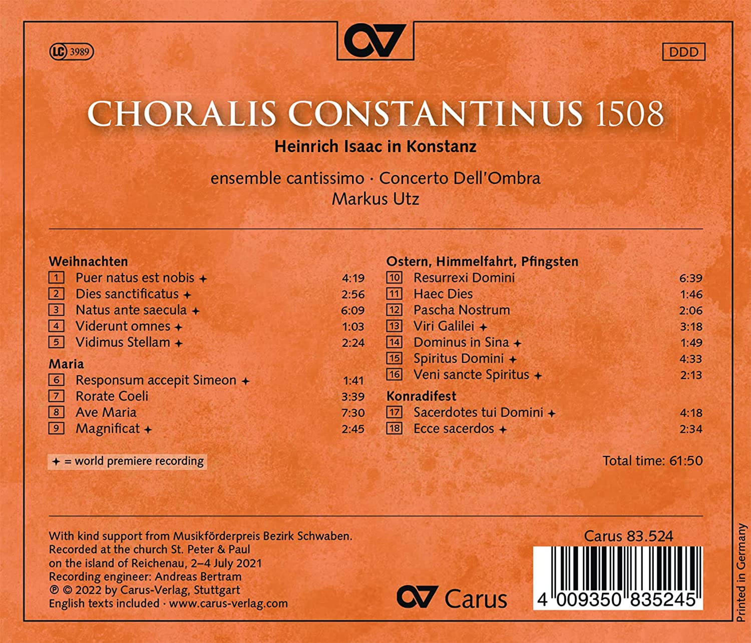 Markus Utz 1508년 콘스탄스 제국의회 - 하인리히 이자크의 모테트 작품들 (Choralis Constantinus 1508 - Heinrich Isaac in Konstanz)